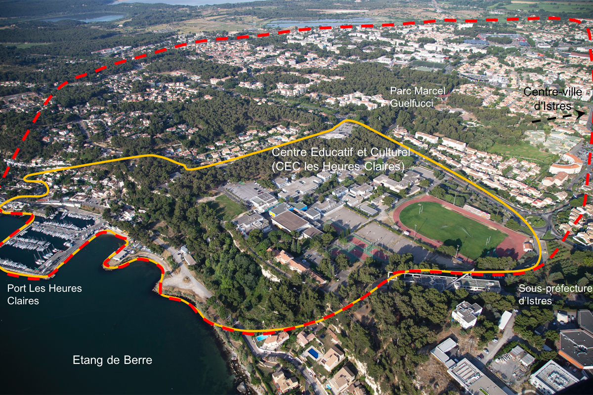 Aerial view of the study site in red and the project site in yellow