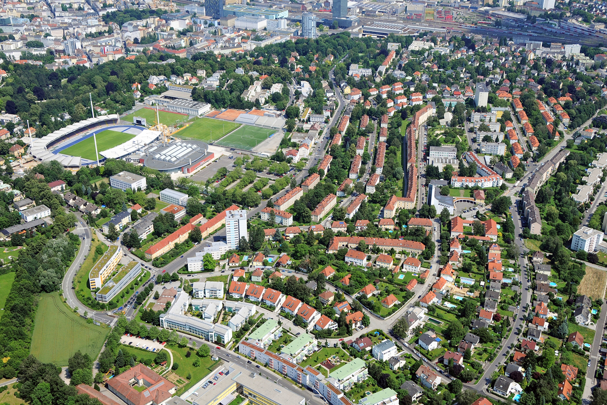 General aerial oblique view of the site